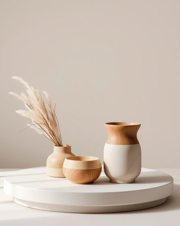 A stylish still life composition featuring wooden vases and a bowl, alongside dried flowers, artfully displayed on a white circular stand.の素材