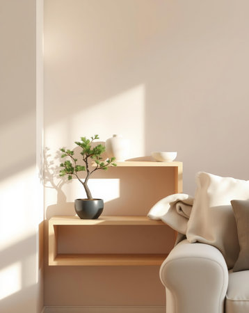 A serene interior scene features a bonsai tree, a shelf with minimalist decor, and soft lighting. The color palette is muted, emphasizing tranquility and calm.の素材