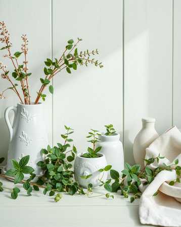 A serene still life composition featuring an assortment of white ceramic vases and lush green plants arranged artfully on a clean white surface.の素材
