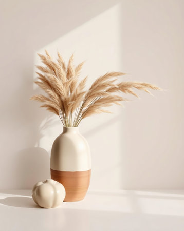 A simple still life composition featuring a vase filled with dried pampas grass, a small pumpkin, and soft shadows. The minimalist design creates a tranquil and serene atmosphere.の素材