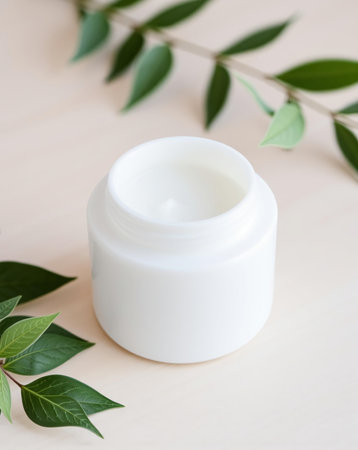 A white jar filled with cream, resting on a wooden surface with green leaves. A skincare or cosmetic product.の素材