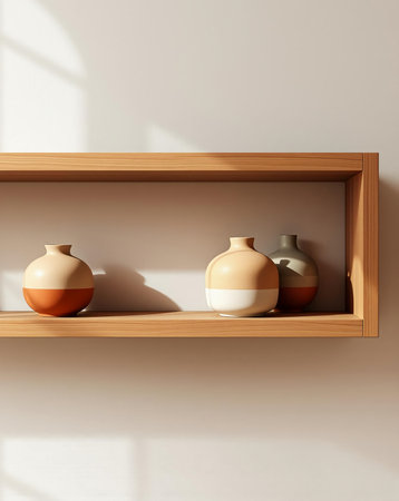 A minimalist interior design featuring three ceramic vases with contrasting colors on a wooden shelf. The neutral background accentuates the vases' visual appeal.の素材