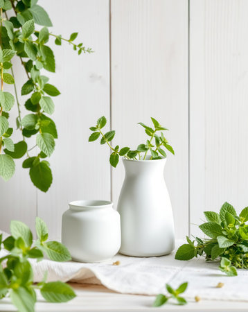 A refreshing still life featuring mint sprigs in white vases set against a textured white wooden background. Simple, clean, and natural.の素材