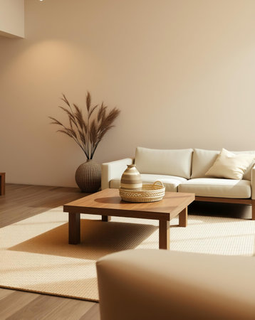 An inviting living room with a cream-colored sofa, a wooden coffee table with decor, and a cozy rug. The neutral tones and natural light create a sense of calm.の素材