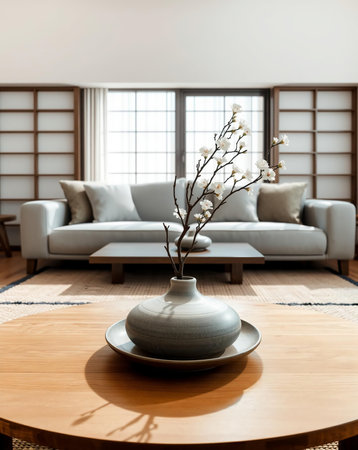 A calming living room scene featuring a wooden table, grey vase with blossoms, and a sofa in the background, creating a harmonious ambiance.の素材