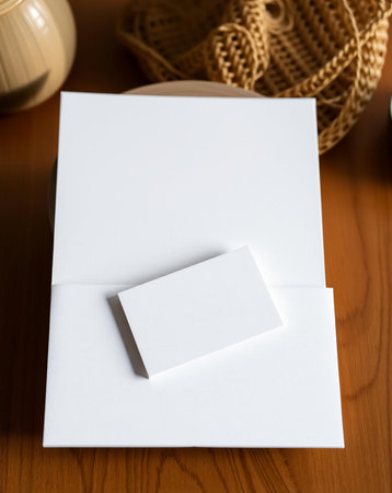 A close-up image displays a blank business card and papers resting on a wooden surface. The image also contains a vase and the edge of an artful object.の素材