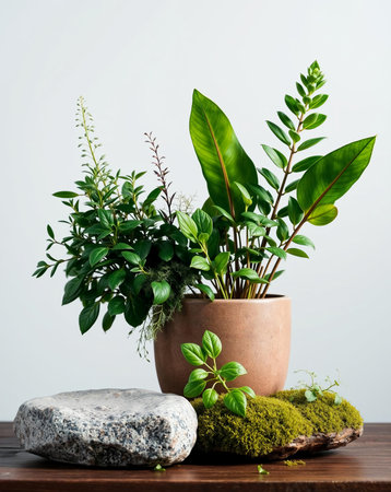 A serene arrangement featuring a potted plant with a variety of leaves, accompanied by natural elements like moss and a stone, creating a calming and natural aesthetic.の素材