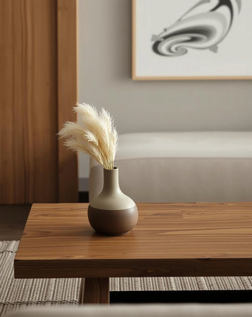 An indoor shot of a decorative setup. A two-toned vase with fluffy plants sits on a wooden table. Abstract art decorates the wall and the background is blurred.の素材