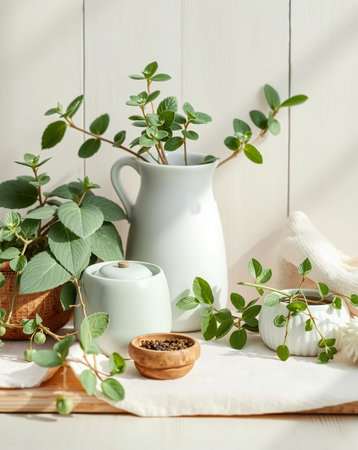 A calming still life featuring lush greenery in assorted neutral vases, wooden bowls, and soft natural light, creating a serene and inviting atmosphere.の素材