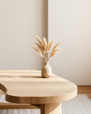 An inviting image showcasing a table with a vase of pampas grass. The soft lighting creates a sense of calm and tranquility.の素材