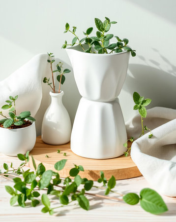An aesthetic arrangement of white vases containing vibrant green plants, set on a wooden surface with a soft white cloth backdrop.の素材