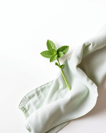 A sprig of fresh mint placed on a soft, light green textured napkin, ideal for culinary themes.の素材