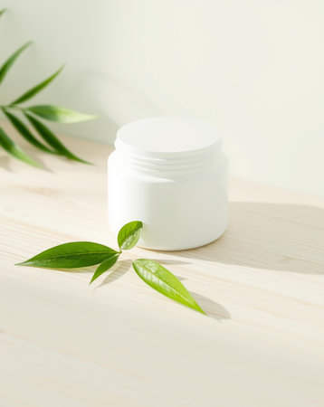 A white jar sits on a wooden surface, surrounded by fresh green leaves. The image is bright and clean.の素材