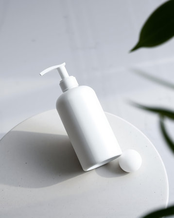 A minimalist shot of a white soap dispenser on a round surface. Natural lighting with a leaf for a minimalist effect.の素材
