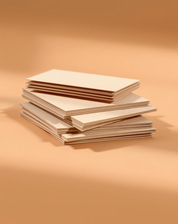 A close-up shot shows a pile of rectangular beige papers sitting on a matching brown surface. Shadows are cast across the surface creating depth.の素材