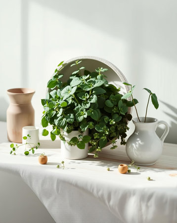A serene still life composition featuring various elements like plants, vases, and wooden objects, arranged on a white surface, creating a harmonious aesthetic.の素材