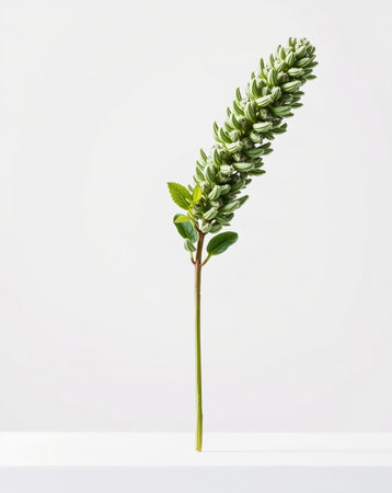 A delicate stem with green leaves and flower head stands against a white background, ideal for minimalistic designs.の素材