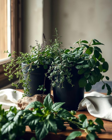 A serene still life featuring potted herb plants arranged on a wooden table, bathed in soft natural light near a window. The composition is calm and natural.の素材