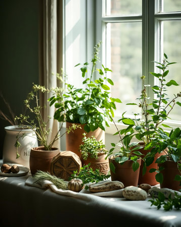 A still life of plants in terracotta pots, stones, and nuts placed on a window sill, illuminated by soft sunlight. The composition evokes a sense of tranquility and natural beauty.の素材