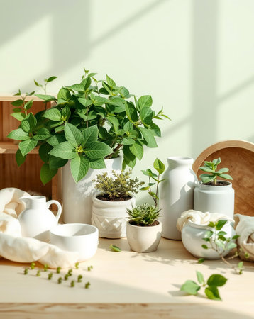 A calming still life featuring various potted plants, white ceramic containers, and a soft linen cloth arranged on a wooden surface, bathed in gentle sunlight.の素材