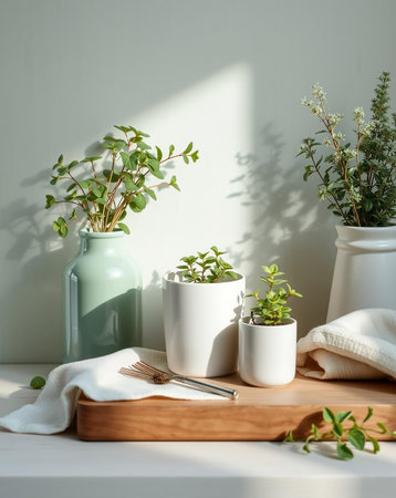 A serene still life featuring an array of plants in white and green vases, bathed in soft natural light, set on a wooden surface with a white cloth.の素材
