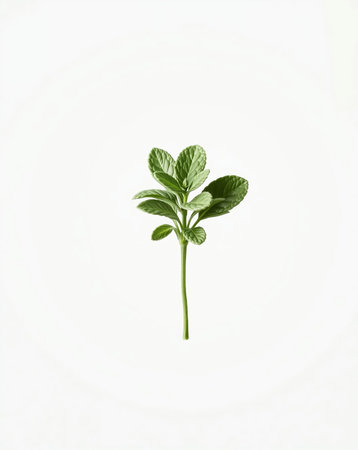 A single sprig of oregano with vivid green leaves, captured in a minimalist still life composition.の素材