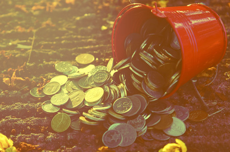 bucket spill out coins on the ground with flower  with vintage colour toneの写真素材