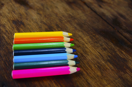 Colourful Colour Pencil Over Wooden Tableの写真素材