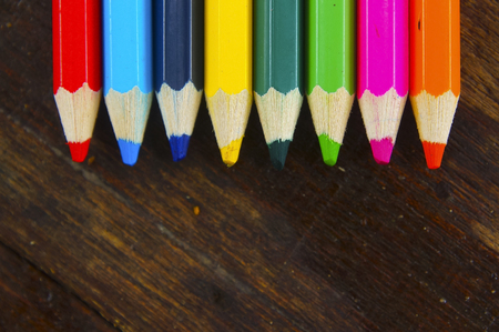 Colourful Colour Pencil Over Wooden Tableの写真素材