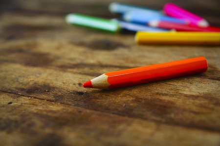 Colourful Colour Pencil Over Wooden Tableの写真素材