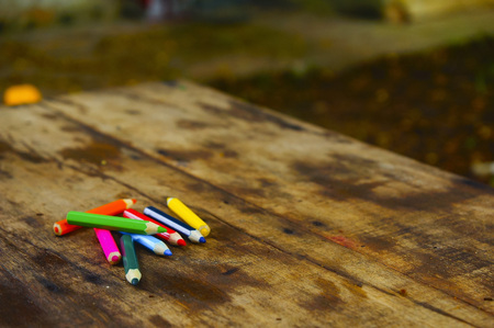 Colourful Colour Pencil Over Wooden Tableの写真素材