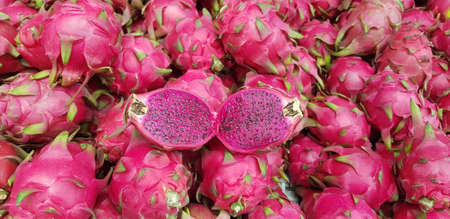 Sliced fruit is in many dragon fruits which look colorful & nice.の写真素材