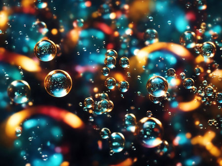 Shiny bubbles in water on colorful background. Shallow depth of field.の素材