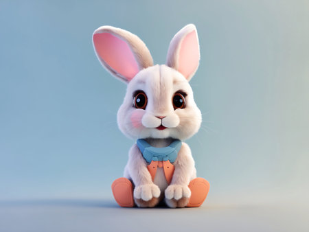 Cute easter bunny with blue bow tie on blue background.の素材
