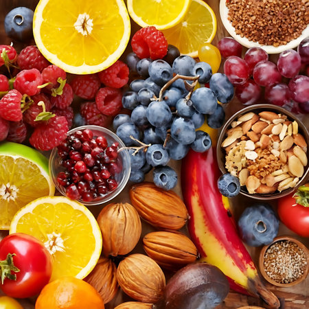 Healthy food background. Fruits, berries, nuts and cereals. Top viewの素材