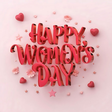Happy Women's Day greeting card with hearts and confetti. 3D Renderの素材