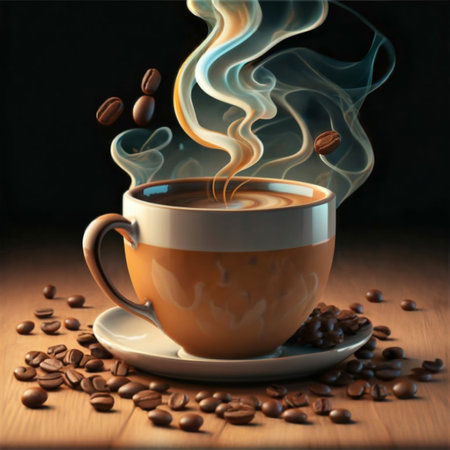 Cup of coffee and coffee beans on a wooden table with smokeの素材