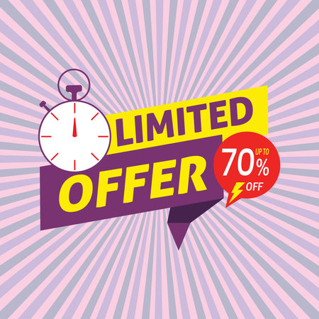 Retro-style background, Limited Time Offer Graphic with Stopwatch and 70% Off Badgeのイラスト素材