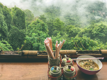 noodle soup in front nature viewの写真素材