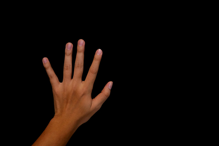 Left hand of man open the palm of the hand on Black wallの写真素材