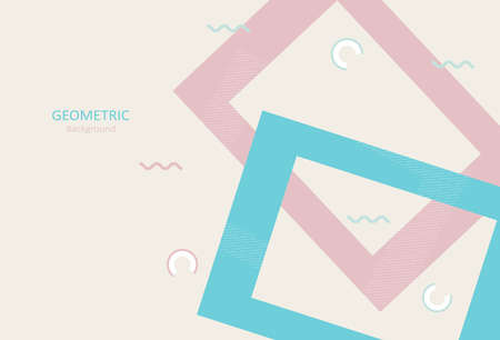 Abstract geometric template with square shapes and lines pattern elements decoration on pastel background. Memphis design with copy space for text. Vector Illustration.のイラスト素材