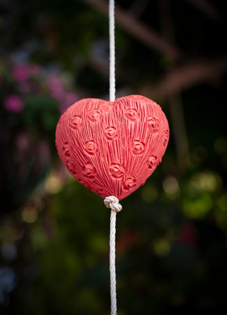 Red heart shape mobile hanging, handcraft for home and garden decoration, or valentine's day on blurred background.の写真素材