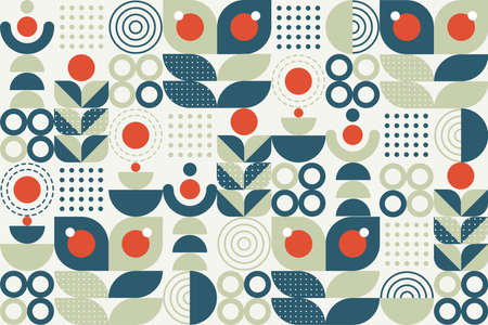 Geometric abstract pattern background, flat design of mosaic with the simple shape of circles, semi-circle, and dot pattern. Mural design. Neo geometric. Vector Illustration.のイラスト素材