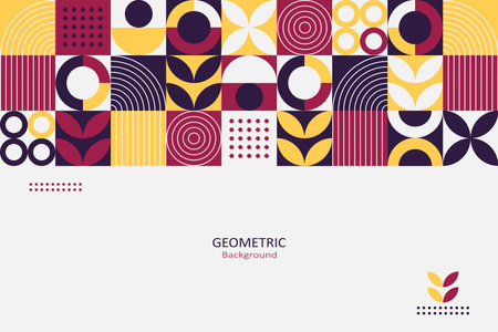 Abstract geometric background, colorful template flat design of mosaic pattern with the simple shape of circles, semi-circle, dots, and lines. Mural design. Neo geometric. Vector Illustration.のイラスト素材