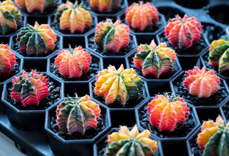 Gymnocalycium cactus. Colorful popular succulent cactus, The stem is round shapes and the sharp spines in the nursery pot. The Ornamental plant for decorating in the garden or home decor.の写真素材