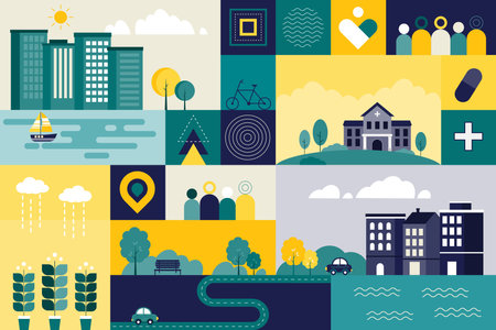 Lifestyle in the city landscape, health, and environment concept. Vector Illustration of geometric flat design with the simple cityscape.のイラスト素材