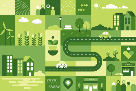 Lifestyle in the green city concept. Urban landscape with geometric flat design. Vector illustration...
