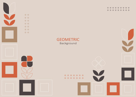 Abstract geometric template flat design with simple shapes of squares, leaf, flowers, and dots on beige background. Copy space for text. Landing page design. Vector Illustration.のイラスト素材