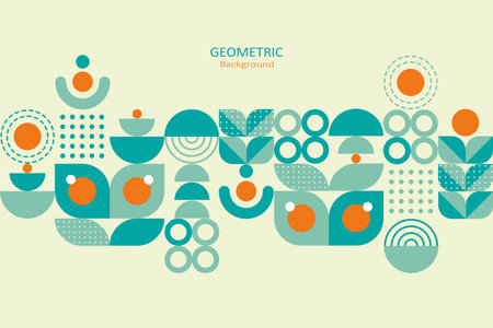 Geometric abstract background, flat design of mosaic with the simple shape of circles, semi-circle, and dot pattern. Neo geometric. Copy space for text. Vector Illustration.のイラスト素材