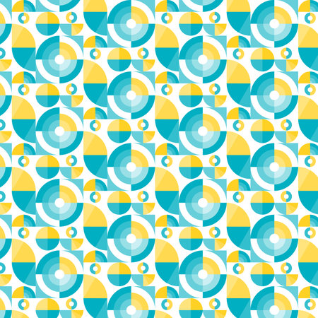 Seamless geometric pattern background, mosaic design with the simple shape of circles in yellow and blue colors on a white background. Mural wallpaper. Neo geometric. Vector Illustration.のイラスト素材